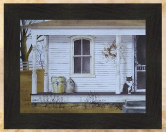 Standing Guard by Billy Jacobs 16x20 House Porch Crocks Tuxedo Cat Country Primitive Folk Art Print Framed Picture Home Cabin Decor