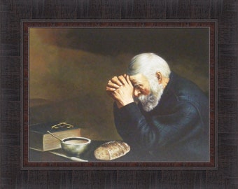 Grace by Eric Enstrom 16x20 Daily Bread Man Praying at Dinner Table Religious Pray Framed Art Picture Home Cabin Decor