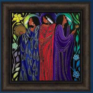 May include: Three women in colorful robes stand in front of a leafy background. The woman on the left is playing a drum, the woman in the middle is wearing a red robe, and the woman on the right is holding a small object. The painting is done in a pointillist style.