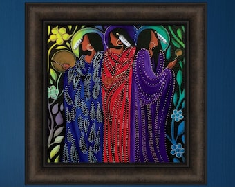 The Healers by Betty Albert 18x18 Native American Indian Women Drum Drumming Beautiful Feathers Framed Art Print Picture