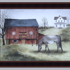 May include: A painting of a red barn with a white farmhouse in the background. A gray horse is grazing in the field in front of the barn. The painting is titled "The Old Green Meadow" by Billy Jacobs.