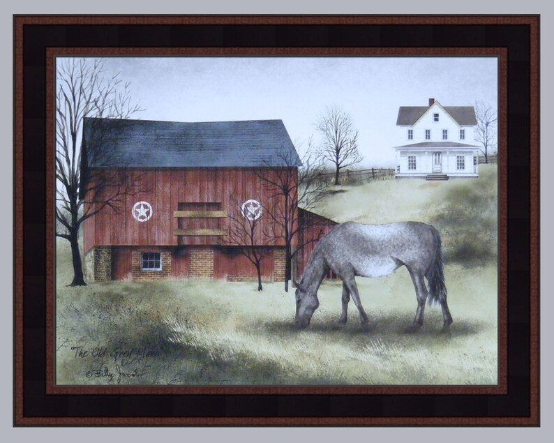 May include: A painting of a red barn with a white farmhouse in the background. A gray horse is grazing in the field in front of the barn. The painting is titled "The Old Green Meadow" by Billy Jacobs.