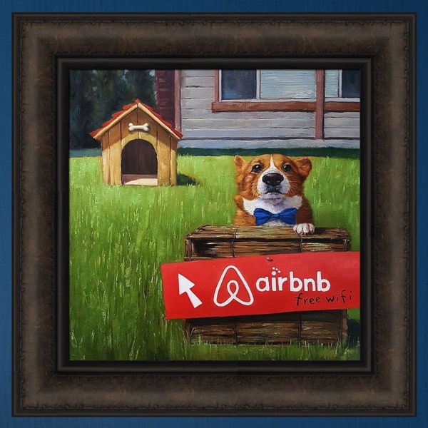 K9 BNB by Lucia Heffernan 16x16 Pembroke Welsh Corgi Dog Bed and Breakfast House Humorous Whimsical Framed Art Print Picture