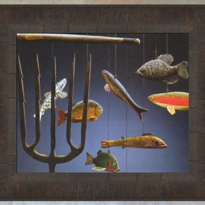 May include: A wooden fish mobile with seven fish hanging from a wooden dowel. The fish are painted in various colors and patterns, including red, green, blue, and yellow. The mobile is suspended from a metal fork.