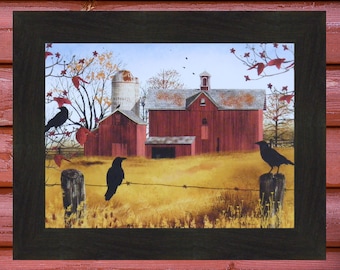 Autumn Gold by Billy Jacobs 16x20 Red Barn Crows Fall Seasons Set Birds Fencepost Framed Art Home Cabin Decor