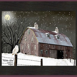 Winter Moon by Billy Jacobs 16x20 White Snowy Owl Full Moon Barn Snowing Winter Christmas Framed Art Picture Home Cabin Decor 2" Espresso