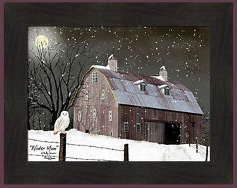 Winter Moon by Billy Jacobs 16x20 White Snowy Owl Full Moon Barn Snowing Winter Christmas Framed Art Picture Home Cabin Decor