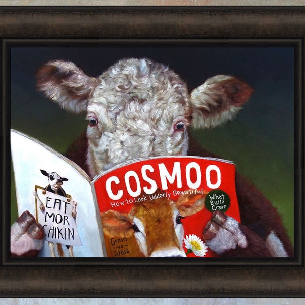 Cow Tips by Lucia Heffernan 16x20 Humorous Funny Art Cosmoo Magazine Framed Print Picture