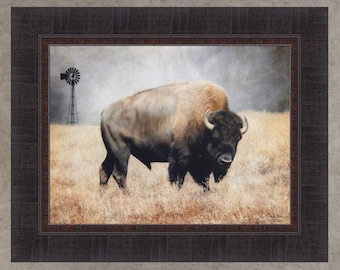 The Bison by Lori Deiter 17x21 Framed Art Print Picture Buffalo Windmill Field Plains Home Cabin Decor