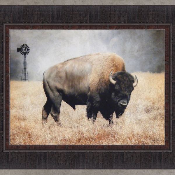 The Bison by Lori Deiter 17x21 Framed Art Print Picture Buffalo Windmill Field Plains Home Cabin Decor