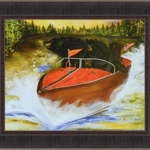 Whimsically Boating Bears by Karen Bicknell 21x25 Black Bear Fishing Cabin Framed Art Print Picture image 1