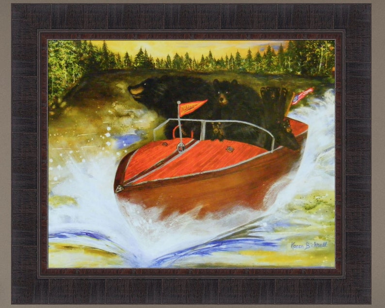 Whimsically Boating Bears by Karen Bicknell 21x25 Black Bear Fishing Cabin Framed Art Print Picture image 1