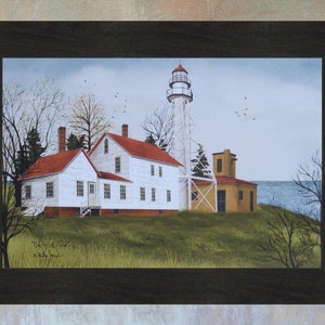 May include: A painting of a white lighthouse with a red roof and a white house with a red roof. The lighthouse is on a hill overlooking the water. The painting is titled "Watkins Point" and signed by "Judy Newsom".