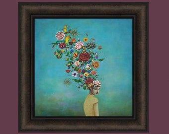 A Mindful Garden by Duy Huynh 18x18 Abstract Art Urban Pop Surrealism Flowers Woman Framed Art Picture