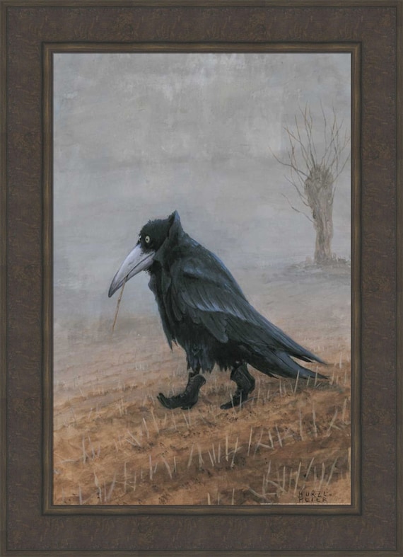 B4原画 crow Krahe by Rudi Hurzlmeier 24x33 Crow Raven Black Bird Wearing