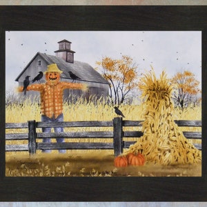 May include: A scarecrow with a pumpkin head stands in a field with a barn in the background. There are crows perched on the scarecrow's arms and a hay bale in the foreground. The scene is painted in a rustic style with fall colors.