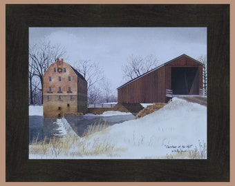 May include: A watercolour painting of a red covered bridge and a stone building with snow on the ground. The painting is titled "Christmas at the Mill" by "Billy J. Frank".