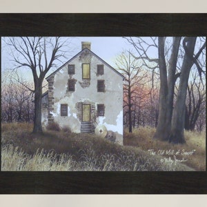 May include: A painting of an old stone mill with a wooden door and windows. The mill is surrounded by trees and tall grass. The sky is a soft pink and orange color, suggesting sunset. The title of the painting is "The Old Mill at Sunset" by Billy Jack.