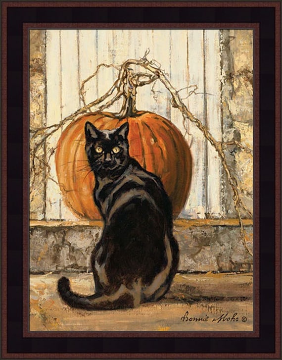 絵画 blackcat Black Cat by Bonnie Mohr 16x20 Autumn Fall Halloween Pumpkin