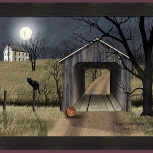 Sleepy Hollow Bridge by Billy Jacobs 22x28 Pumpkin Black Cat Halloween Full Moon Autumn Fall Farmed Art Print Picture Home Cabin Decor