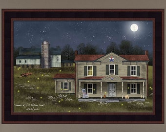 Summer At J.H. Williams Farm by Billy Jacobs 16x22 Flowers Fireflies Lightning Bugs Full Moon Art Framed Print Picture