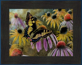 Garden Visitor - Swallowtail by Jim Hansel 16x20 Floral Butterfly Flowers Colorful Framed Art Picture Home Cabin Decor