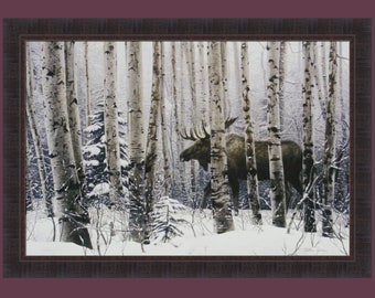 A Walk In The Woods by Stephen Lyman 29x41 Moose Winter Forest Wildlife Framed Art Print Wall Décor Picture