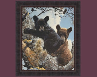 High Adventure by Carl Brenders 25x29 Black Bear Cubs Twins Sitting Tree Framed Wall Décor Art Print Picture Home Cabin Decor