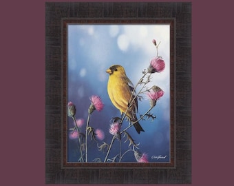 May include: A yellow goldfinch perched on a branch of pink thistle flowers against a blue and white background.