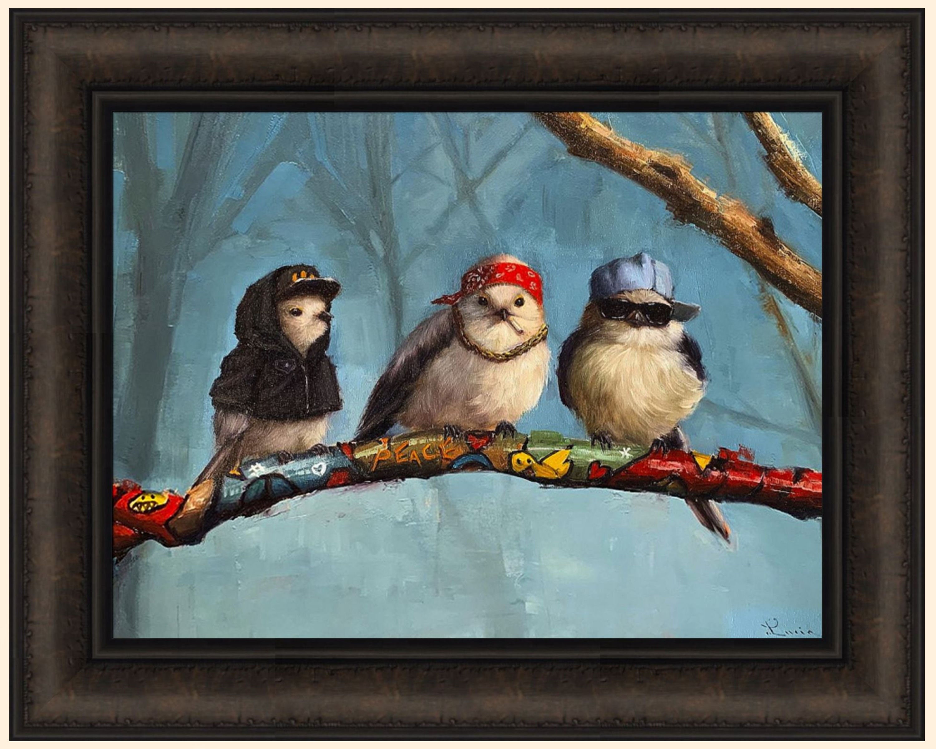 Birdz in Da Hood by Lucia Heffernan 16x20 Bird Gang Graffiti Tree