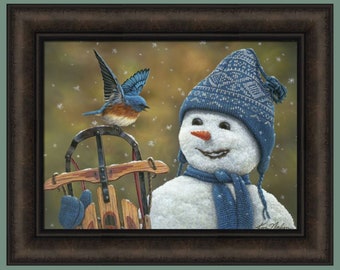 Hermano de nieve por Kim Norlien 16 x 20 lindo muñeco de nieve pájaro azul pájaro azul invierno enmarcado arte impresión HomeCabinDecor