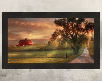 Country Lane Sunset by Lori Deiter 20x34 Red Barn Farm Evening Sun Fields Framed Print Picture Home Cabin Decor