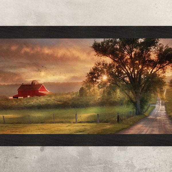 Country Lane Sunset by Lori Deiter 20x34 Red Barn Farm Evening Sun Fields Framed Print Picture Home Cabin Decor
