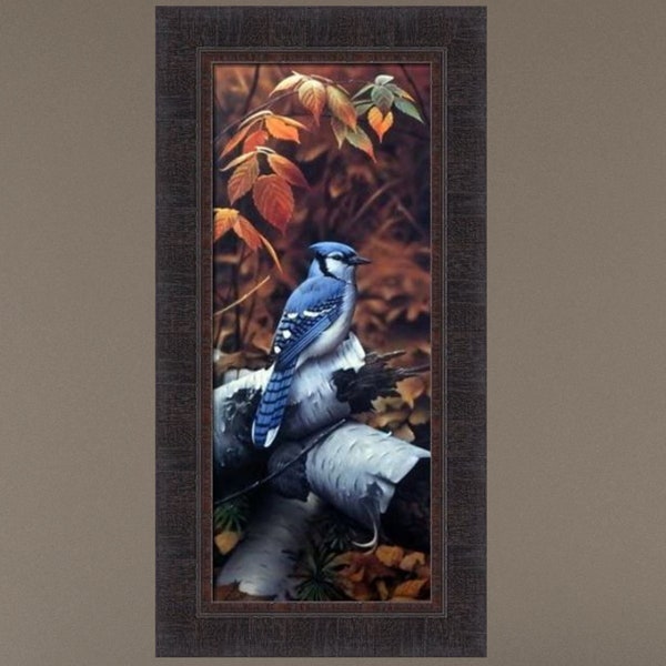 Black Berry Blue by Jerry Gadamus 15x29 Bluebird Bird Bluejay Jay Home Cabin Decor