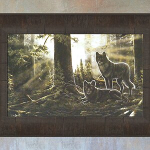 May include: A framed painting of two black wolves in a forest setting. The wolves are standing in a clearing, with sunlight streaming through the trees. The painting is done in a realistic style, with detailed brushstrokes.