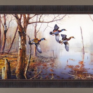 May include: A painting of three wood ducks flying over a swampy area with trees and water. The ducks are in flight, with their wings spread out. The water is a light blue color, and the trees are a dark green color. The painting is done in a realistic style.