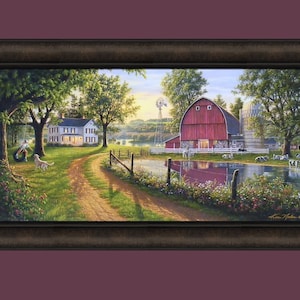 The Road Home by Kim Norlien 16x28 Farm House Red Barn Windmill Silo Cows Pond Dog Country Framed Art Print Picture HomeCabinDecor