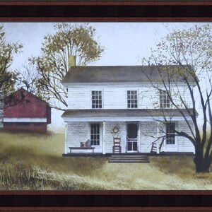 May include: A painting depicting a white farmhouse with a red barn in the background. The house features a porch with a rocking chair and a wreath on the door. A tree with autumnal foliage is in the foreground. The painting is titled "Summer Afternoon" by Holly Hobbie.