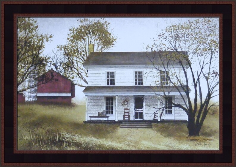 May include: A painting depicting a white farmhouse with a red barn in the background. The house features a porch with a rocking chair and a wreath on the door. A tree with autumnal foliage is in the foreground. The painting is titled "Summer Afternoon" by Holly Hobbie.