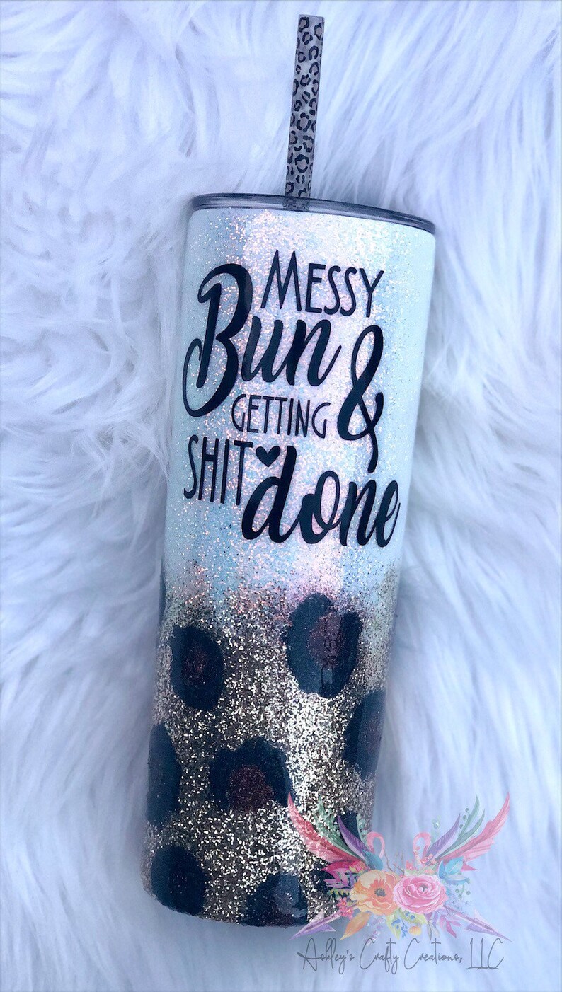 Mom Life Tumbler Leopard Glitter Tumbler Messy Bun Animal | Etsy