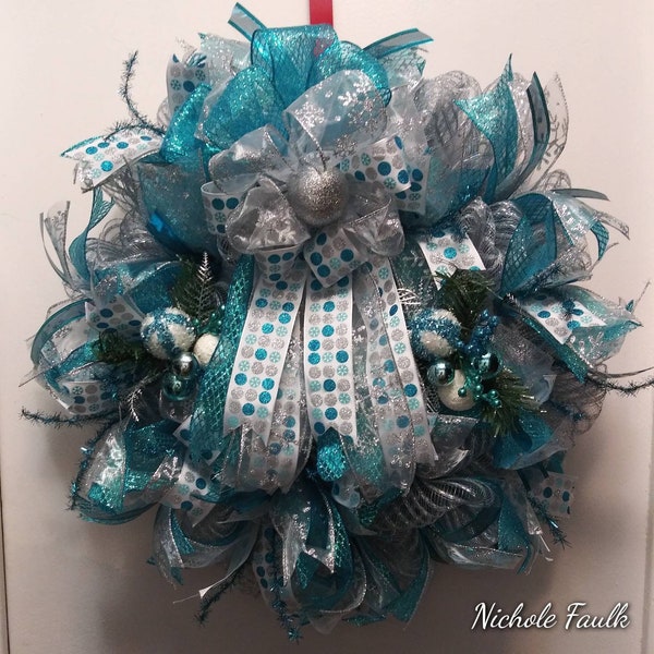 Snowflake silver and turquoise wreath winter wreath Christmas wreath