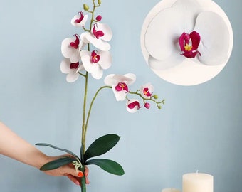 Kunstmatige witte en roze orchidee, orchideeplant, orchideebloemen en bladeren voor orchideeplant, witte bloemen cadeau voor haar echte look Faux