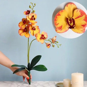 Artificial Yellow Orchid, Orchid Plant, Orchid & Leaves for Orchid Plant, Yellow Flowers, Gift for Her Artificial Flowers, Real Look Faux