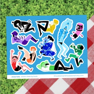 May include: A sticker sheet featuring nine colourful cartoon characters from the anime series "One Piece". The characters are the Straw Hat Pirates: Luffy, Zoro, Nami, Usopp, Sanji, Chopper, Franky, Brook, and Robin. The sticker sheet is on a blue background with the text "straw hats sticker sheet by koob" and "@koobiemart @koobiemart.etsy.com".