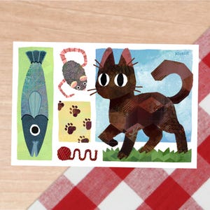 May include: A whimsical illustration featuring a brown cat with large eyes, a fish, a mouse, paw prints, and a ball of yarn. The cat is depicted on a patch of green grass against a blue sky background. The artwork has a playful, cartoonish style.