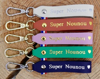 Porte-clés en cuir fait main "Super Nounou"