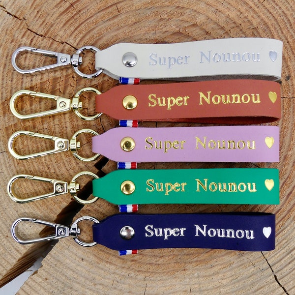 Porte-clés en cuir fait main "Super Nounou"