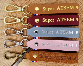 Porte-clés en cuir fait main "Super ATSEM"