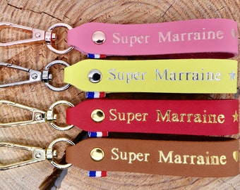 Porte-clés cuir en cuir fait main "Super Marraine"