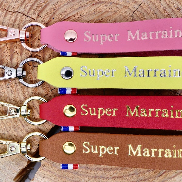 Porte-clés cuir en cuir fait main "Super Marraine"